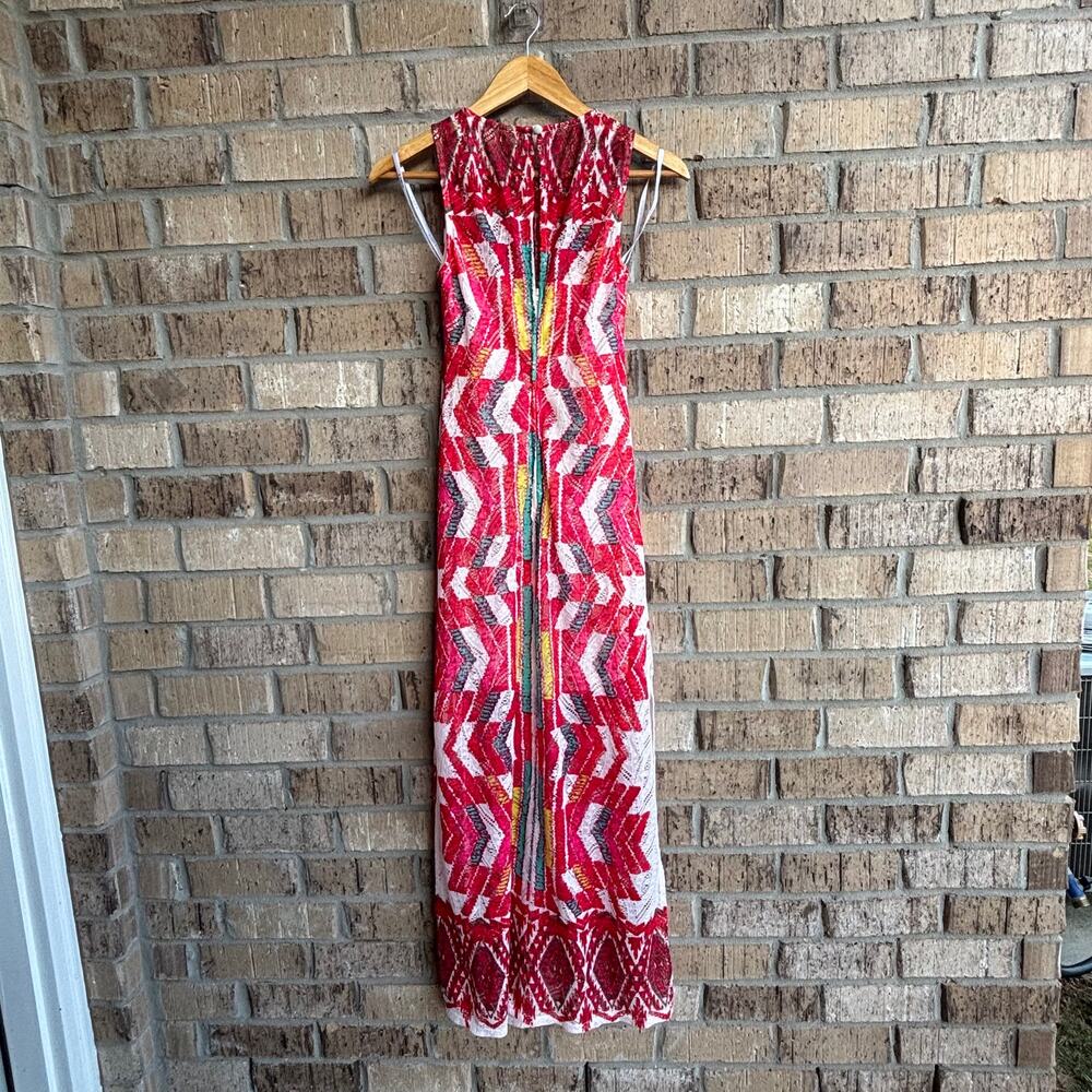 Lace Maxi Dress Red White Multicolor Sleeveless Size 1/2 - Picture 4 of 9